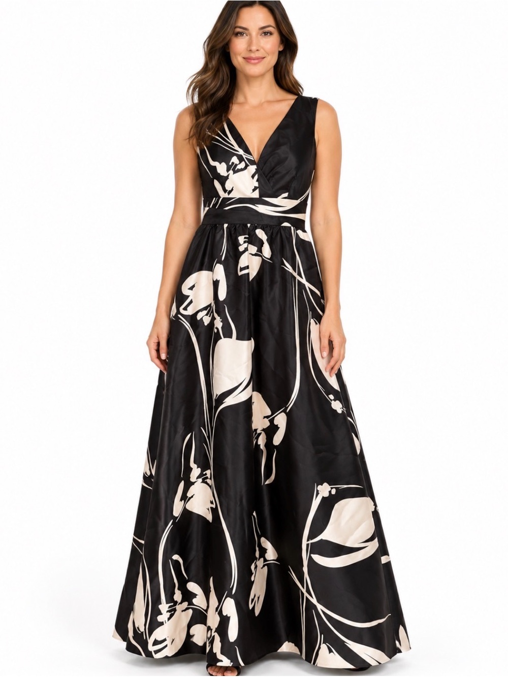 NWT Donna Karan New York Black White Floral Satin Maxi Gown Size 10